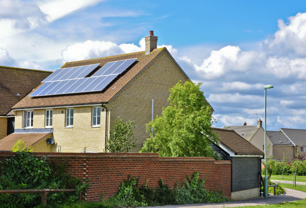 Solar panels on a residential roof for renewable energy.