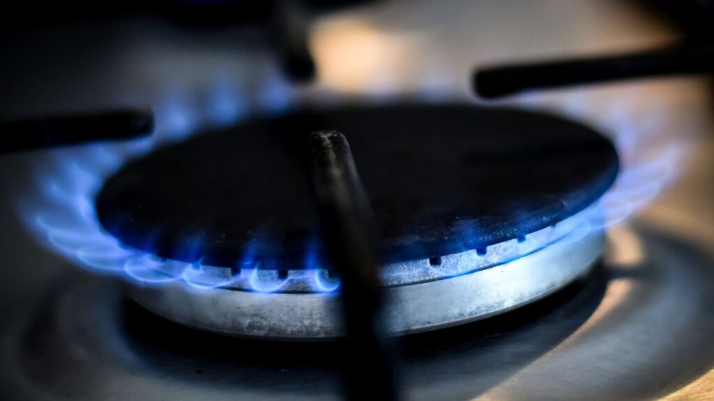 Gas stove burner with blue flame, highlighting efficient energy use and modern kitchen appliances.