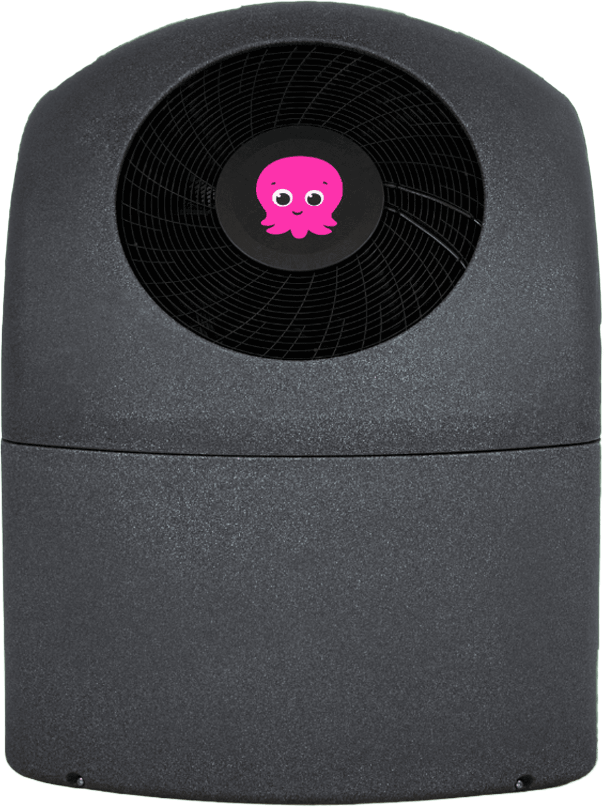 Modern energy storage unit with a pink skull logo on the fan grille.