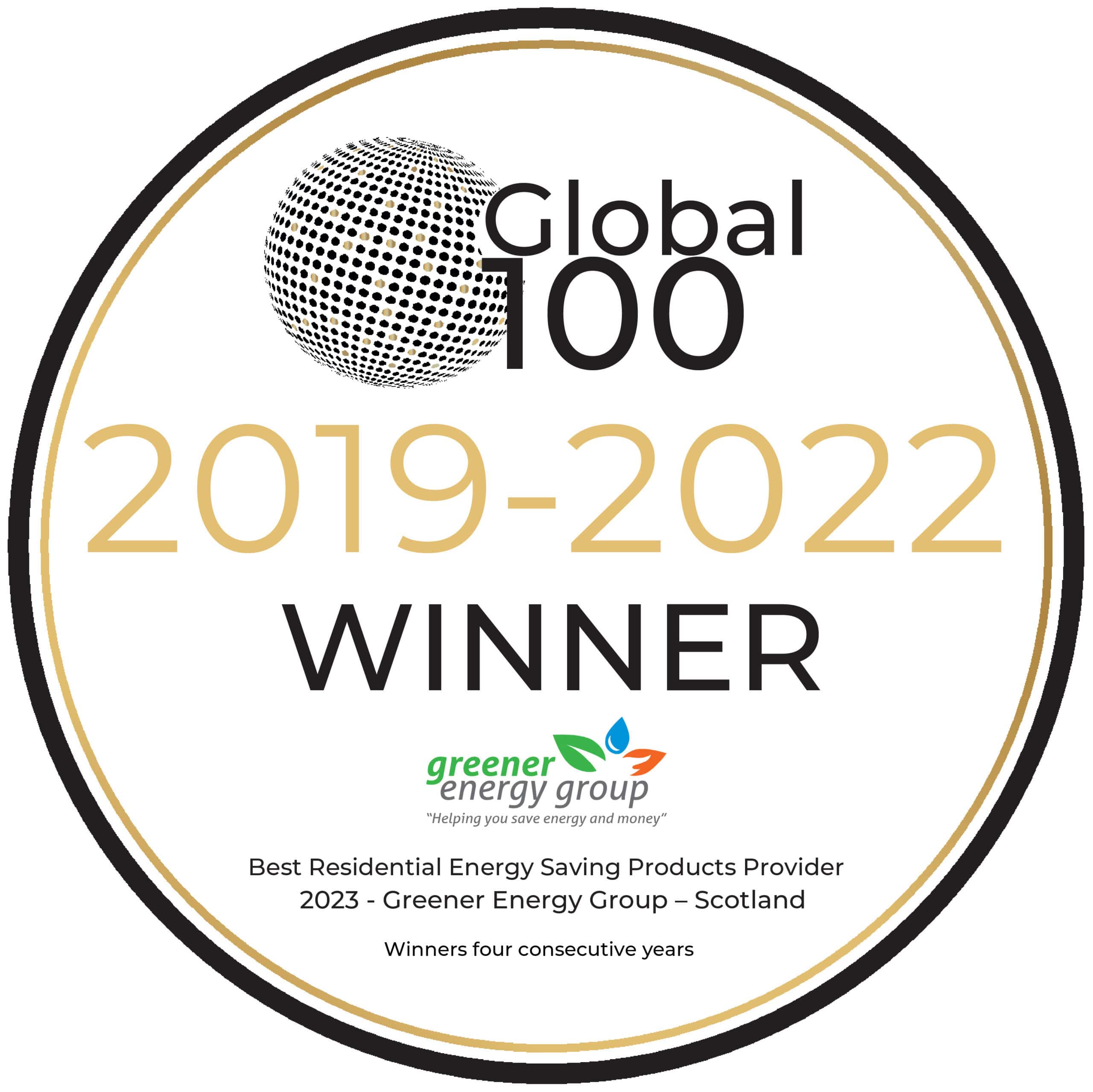 Award badge for Greener Energy Group, winner of Global 100 2019-2022.