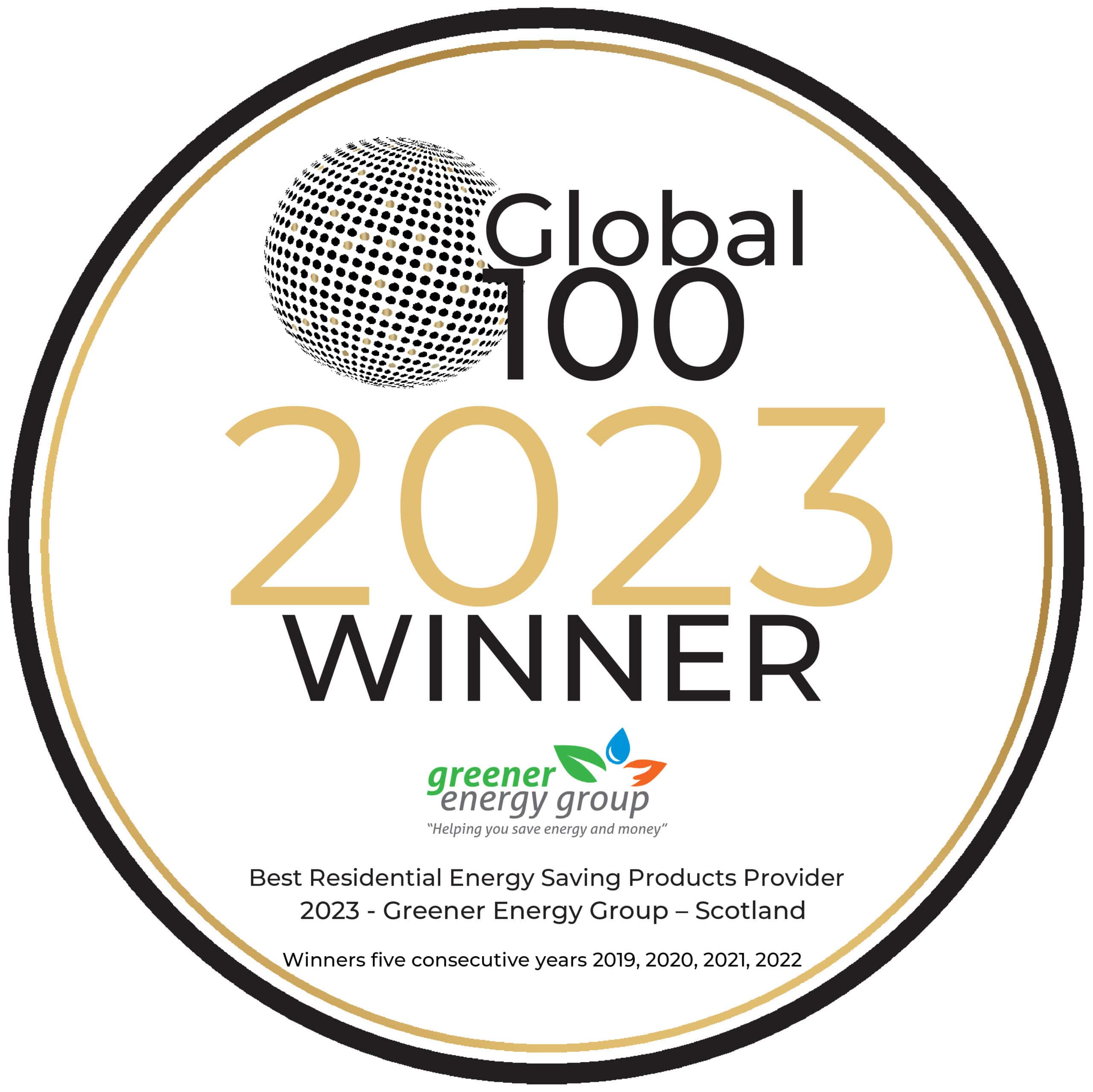 Greener Energy Group logo with 2023 Global 100 Winner badge.