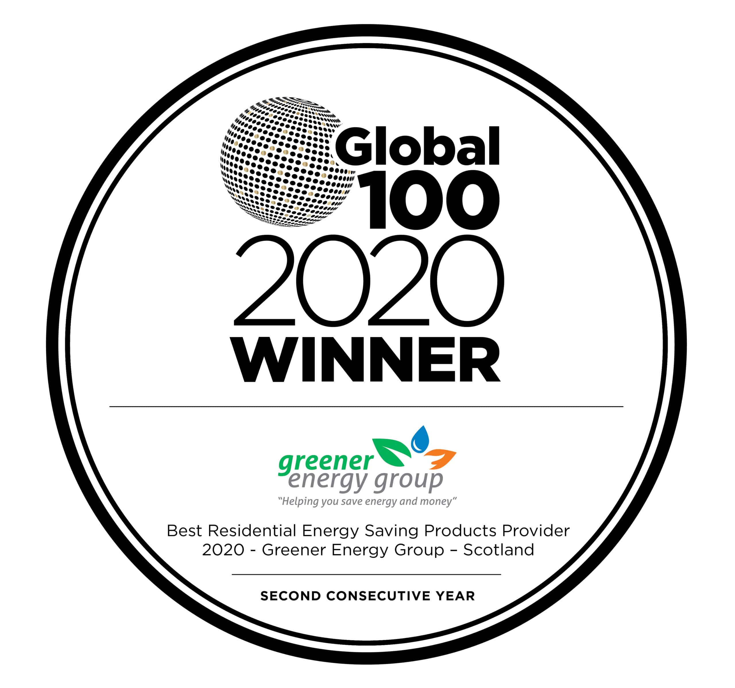 Award badge for Greener Energy Group, winner of Global 100 2020.