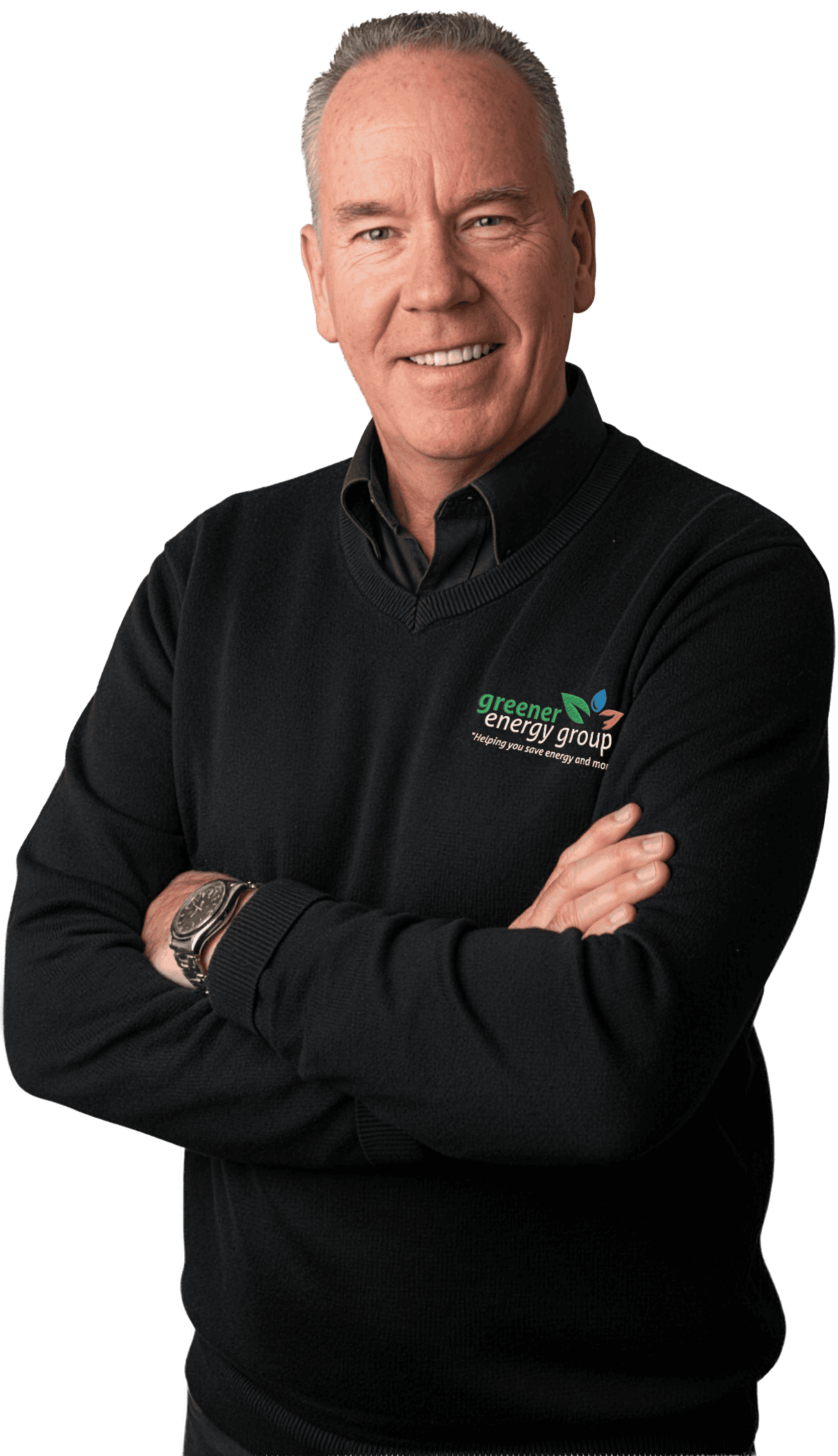 Man wearing a black jumper with Greener Energy Group logo, smiling confidently.
