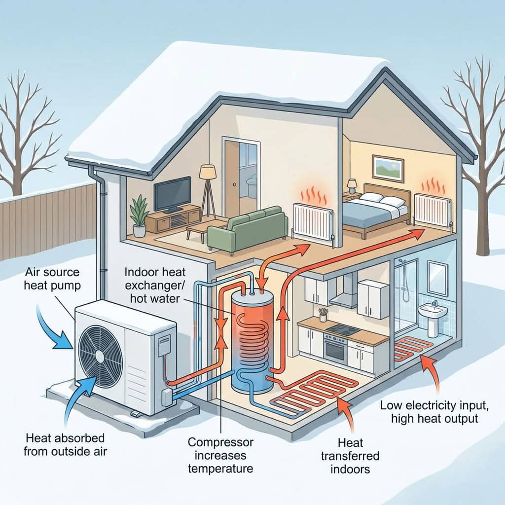 Air source heat pump providing sustainable heating solution for modern homes.